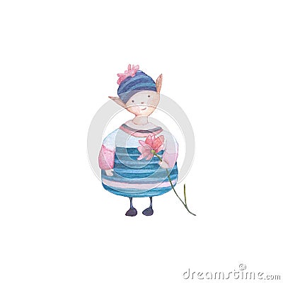 Cute watercolour spring elf Cartoon Illustration