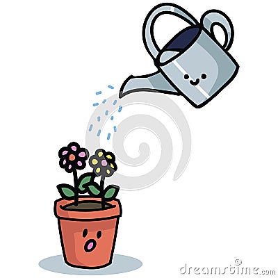 Cute watering can with flowers and kawaii face cartoon vector illustration motif set Cartoon Illustration