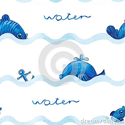 Cute waves and letters WATER, whale, anchor and fish isolated on a white background in blue color. Stock Photo