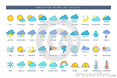 Cute Weather Forecast Icon Collection Vector Illustration