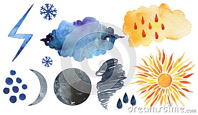 Cute weather icons. Forecast meteorology watercolor symbols. Cartoon Illustration