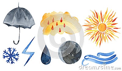Cute weather icons. Forecast meteorology watercolor symbols. Cartoon Illustration