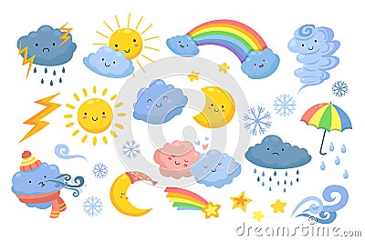 Cute weather. Isolated rainbow, cartoon rain and hurricane. Funny and angry clouds, happy sun and tornado. Emotional Vector Illustration