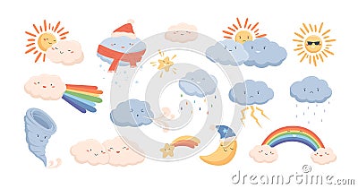 Cute weather phenomena - clouds, wind, rainbow, thunderstorm, tornado, snow, rain, sun and crescent moon. Adorable Vector Illustration