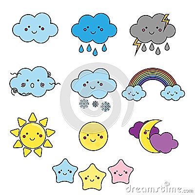 Cute weather and sky elements. Kawaii moon, sun, rain clouds vector illustration for kids, isolated design children Vector Illustration