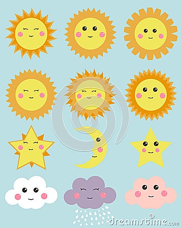 Cute weather: sun, moon, star, clouds. Design elements for kids illustrations. Vector Illustration