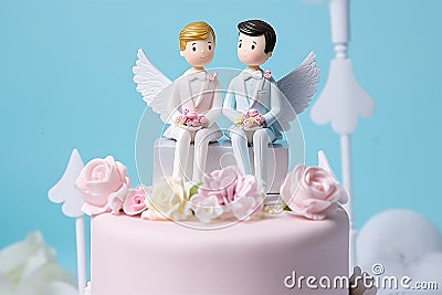 Cute wedding cake topper with two grooms. Gay marriage concept. Generative AI Cartoon Illustration