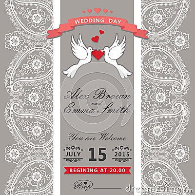 Cute wedding invitation.Paisley border lace,cartoon pigeons.Vintage Vector Illustration