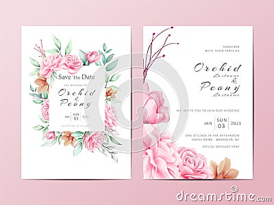 Cute wedding invitation template cards set of floral and watercolor background Vector Illustration