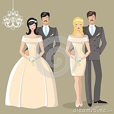 Cute wedding set of cartoon bride and groom Vector Illustration