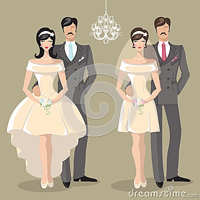 Cute wedding set of cartoon couple bride and groom Vector Illustration