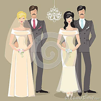 Cute wedding set of cartoon couple bride and groom Vector Illustration