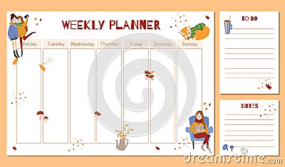 Cute Weekly Planner with autumn hand drawn elements Vector Illustration