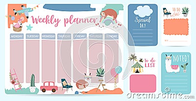 Cute weekly planner background with sloth,rainbow,llama,cloud.Vector illustration for kid and baby.Editable element Vector Illustration