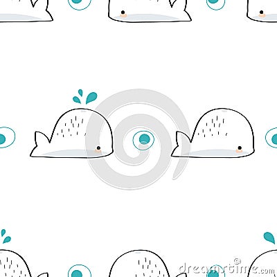 Cute whale drawings Hand drawn whale Gestures Colorful face smile in Seamless pattern and illustration Vector Illustration