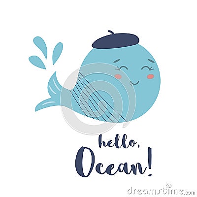 Cute whale text Hello ocean Cute baby print Artistic graphic poster Funny whale character Sea nursery vector Cartoon Illustration