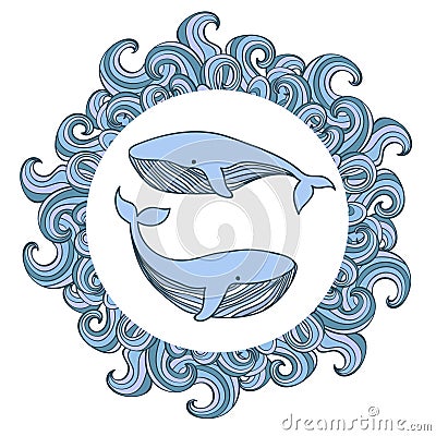 Cute whales in round wave frame. Sea poster Vector Illustration