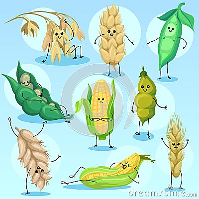 Cute wheat, barley, bean, peas and corn characters set, cereals and legumes vector Illustrations Vector Illustration