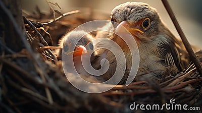 cute white bird sitting in nest with little babies generated by AI tool Stock Photo