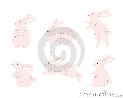 Cute white bunnies collection. Rabbits characters in different poses and actions, sitting, jumping, lying. Hand drawn Vector Illustration