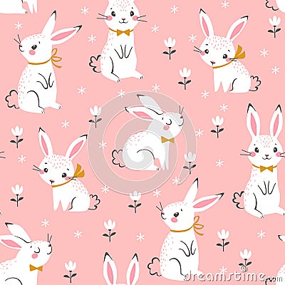 Cute white bunnies pattern on pink background Vector Illustration