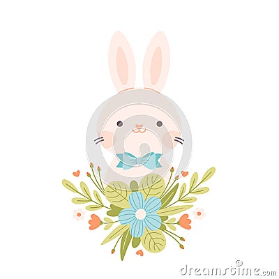 Cute white bunny with floral bouquet. Easter and spring character. Vector illustration in flat style Cartoon Illustration