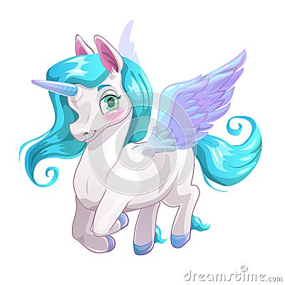 Cute white cartoon beautiful Pegasus Vector Illustration