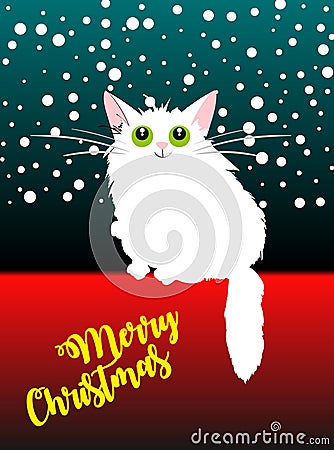 Cute white cat on a christmas background. Cartoon Illustration