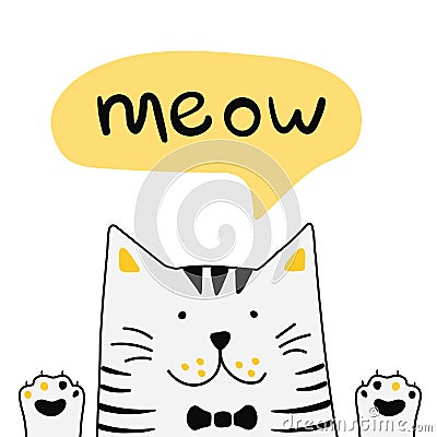 Cute white cat with lettering word Meow. Vector Illustration Vector Illustration