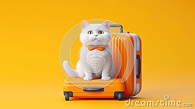 Cute white cat sitting in the suitcase. Sweet fluffy kitten is ready to travel. Generated AI. Stock Photo