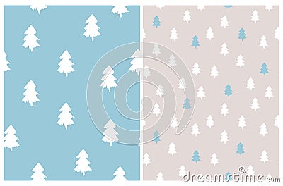 Cute White Christmas Trees Seamless Vector Patterns. Vector Illustration