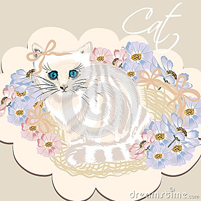 Cute white detailed cat in basket with flowers Stock Photo
