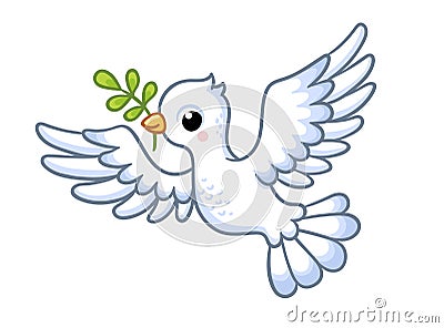 Cute white dove with a twig in its beak flies on a white background. Vector illustration with a bird Cartoon Illustration