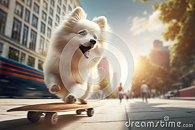 Cute white fluffy pomeranian dog rides skateboard in summer city. AI generative illustration. Cartoon Illustration