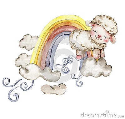 Cute white fluffy sheep sitting on the rainbow and clowds arround it. Illustration of farm baby animal . Perfect for wedding Stock Photo