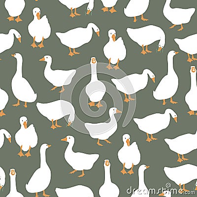 Cute white geese seamless pattern on green background. Vector goose illustration. Vector Illustration