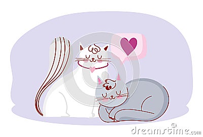 Cute white and gray cats pets domestic cartoon love Vector Illustration