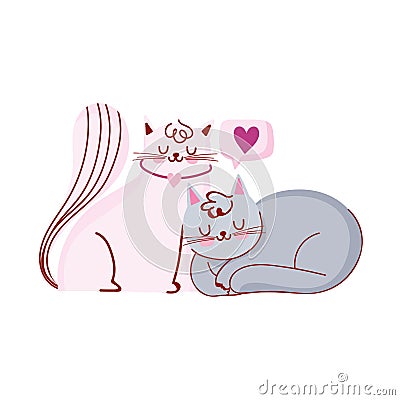 Cute white and gray cats pets domestic cartoon love Vector Illustration