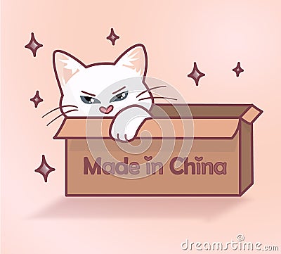Cute white kitten in a box on a pink background Vector Illustration