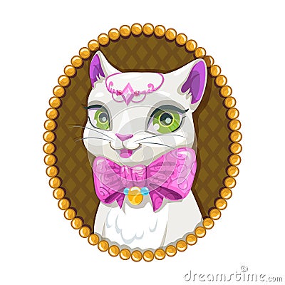 Cute white kitty princess portrait. Vector Illustration