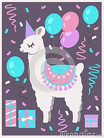 Cute white Llama or Alpaca with party hat, gift boxes, balloons and confetti birthday greeting card Stock Photo