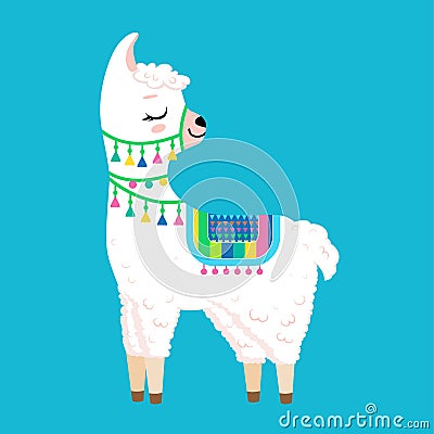 Cute white llama with closed eyes Vector Illustration