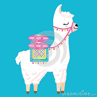 Cute white llama with colorful pillows on the back Vector Illustration