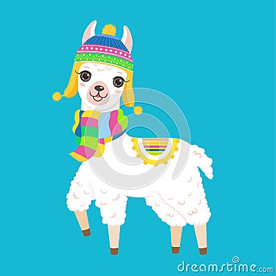 Cute white llama in in a hat and scarf Vector Illustration