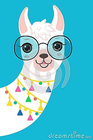 Cute white llama Llama Head in Sunglasses Vector Illustration