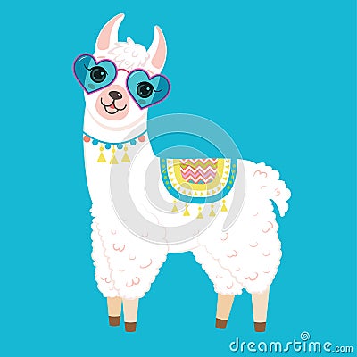 Cute white llama in heart shaped sunglasses Vector Illustration