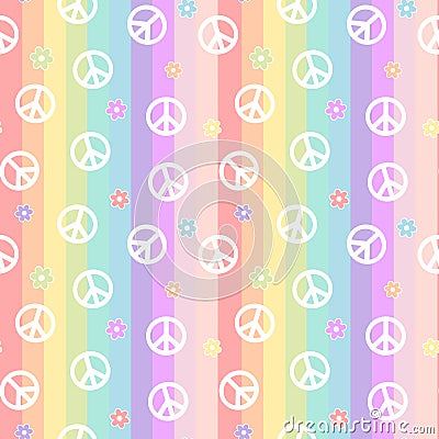 Cute white peace symbol with daisy flowers on rainbow colorful stripes seamless pattern background illustration Vector Illustration