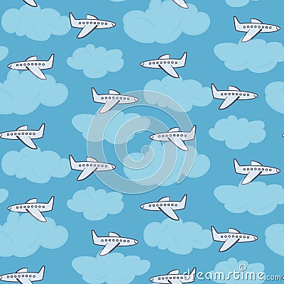 Cute white planes in the sky with clouds pattern Vector Illustration