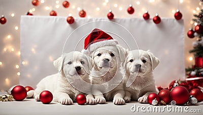 Cute white puppies wearing Santa Claus red hat. Generative AI Stock Photo