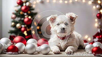 Cute white puppy near the Christmas tree. Generative AI Stock Photo